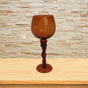 1960s Styled Long Stemmed Twisted Blown Amber Colored Glass Candle Holder 12 Tal